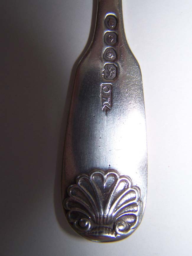 A Set of five Sterling Silver "Double Shell" fiddle pattern Dessert Spoons by Mary Chawner, London, 1834. — image 3